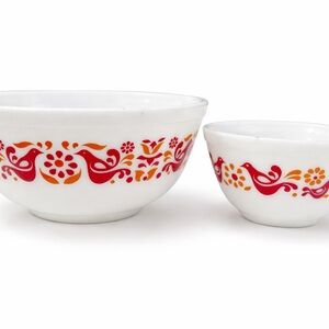 Vintage White Bowls with Red and Orange Bird Design Pyrex Friendship